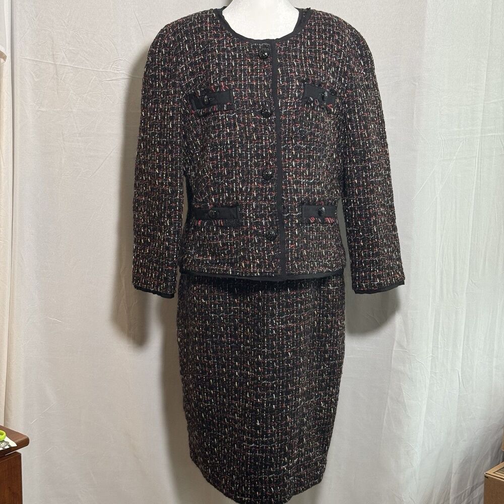 Talbots Womens 16 Wool Blend Tweed Dress Jacket Suit Black Red Career Set Winter